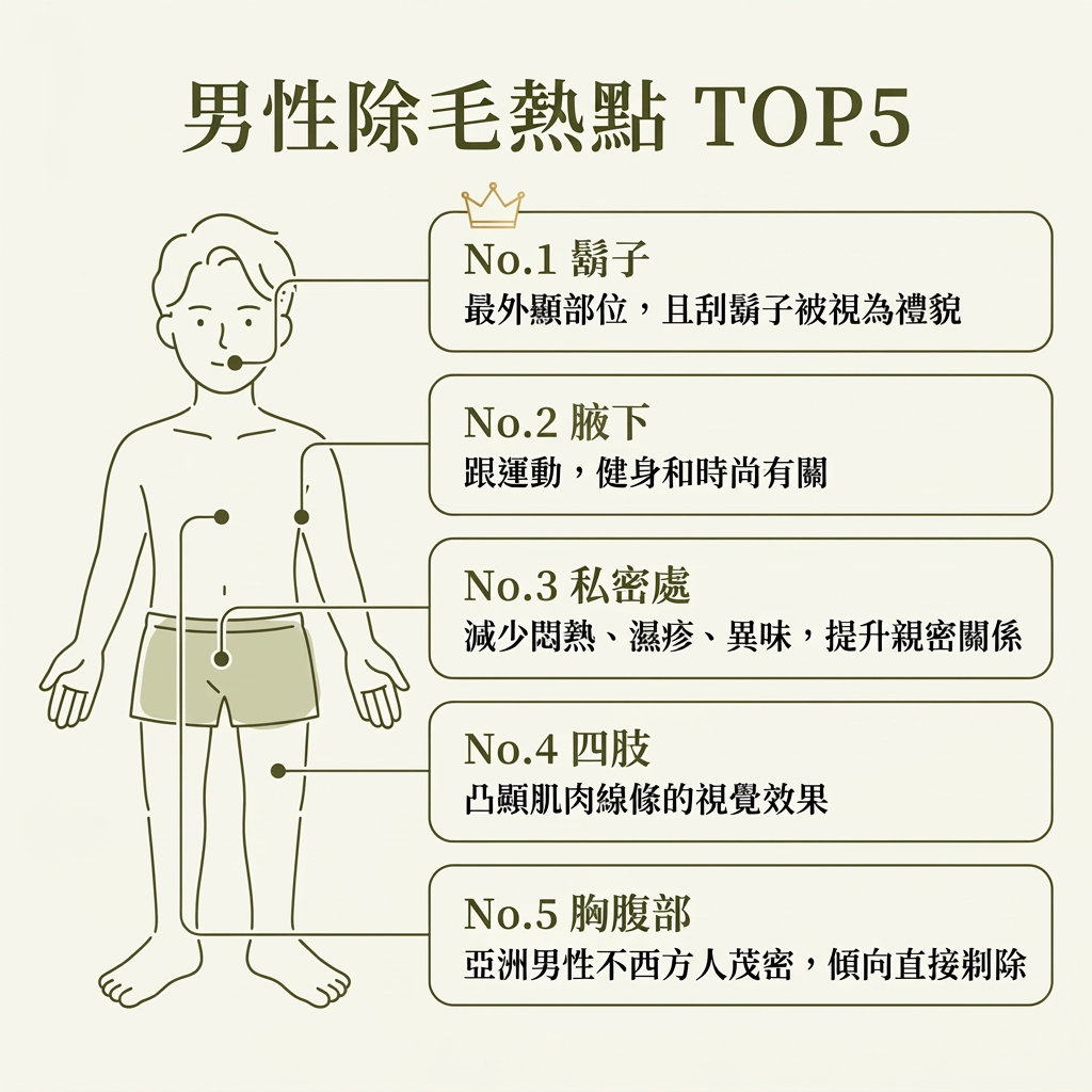 男性除毛熱點 TOP5：鬍子、腋下、私密處、四肢、胸腹部